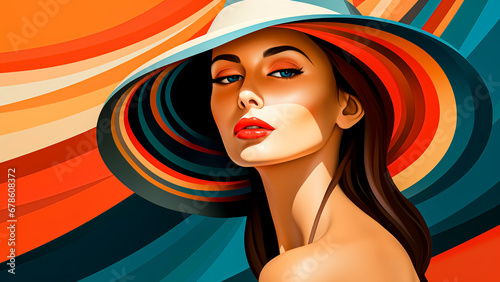 Beautiful young woman in hat on colorful background. Summer fashion illustration.