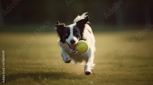 Motion blurred border collie breed dog catching a tennis ball in flight. happy dog playing in the field.