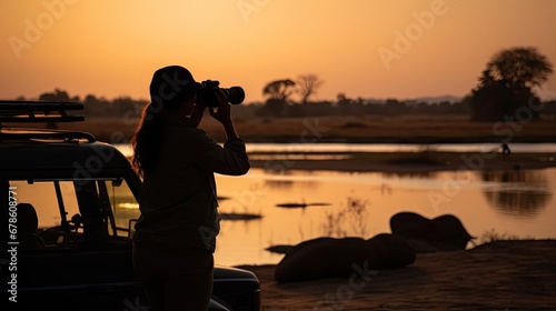 On safari in Zambia: Silhouette of a Fit Woman standing next to white safari car, observing Zambezi River Nature through binoculars. Lower Zambezi National Park, Zambia, Africa. © 3D Station