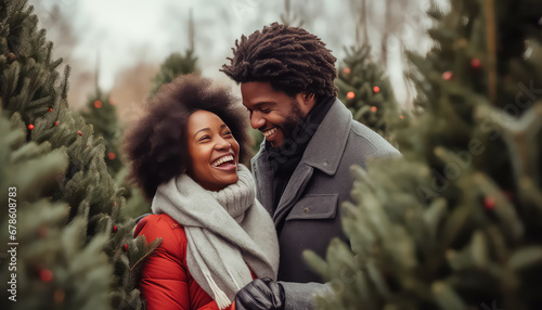 happy couple in love choosing christmas tree outdoors winter market © terra.incognita