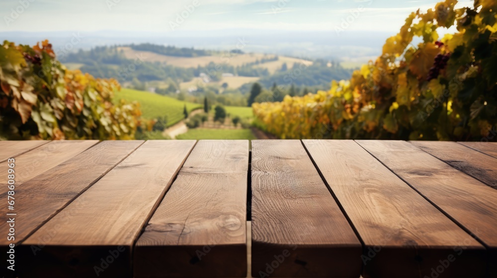 Wooden table with a background of a vineyard during harvest season  - obrazy, fototapety, plakaty 