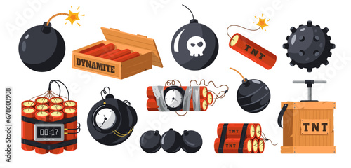 Dynamite and bombs. Cartoon military explosive devices, military grenade and tnt bomb with timer fuse, danger bang firecracker. Vector isolated set photo
