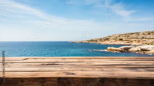 Wooden table with the background of a rocky coast under a clear blue sky 