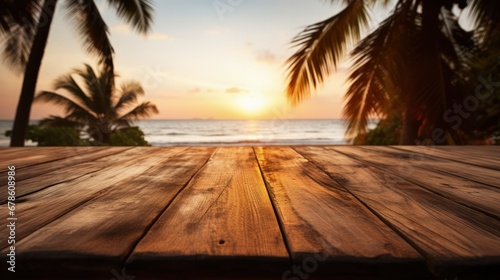 Wooden table with a background of a tropical beach at sunset 
