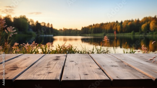 Wooden table with a background of a calm lake at dawn 