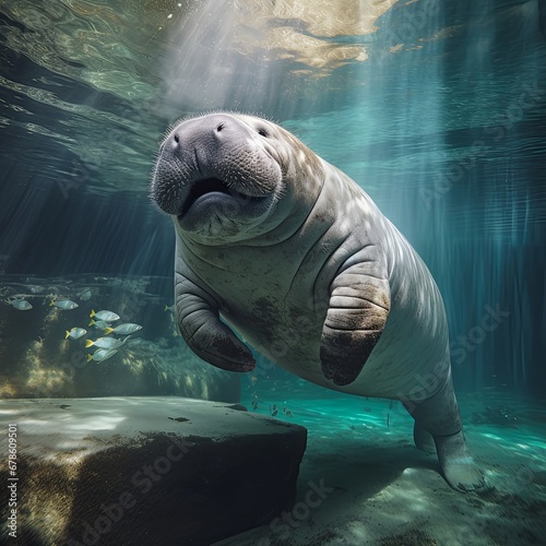 manatees in the sunny water of the river photo