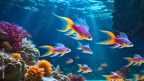 A school of vibrant pink fish swim the crystal clear waters and colorful coral reef. Beauty and tranquility of the underwater ecosystem concept. Illustration for background, backdrop or template