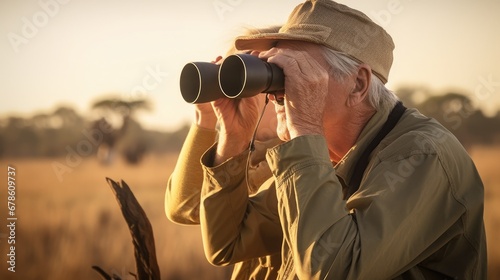 Senior man and daughter looking out through binoculars on safari, Kafue National Park, Zambia photo