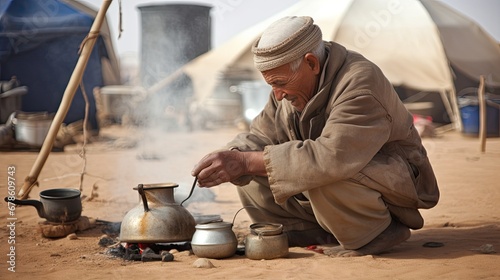 Senior man in Smara refugee camp preparing tea, Tindouf, Algeria.