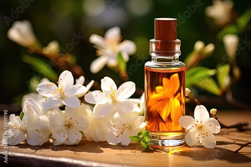 Tranquil Wellness: Yellow Liquid in Glass Bottle with White Flowers on Wooden Surface