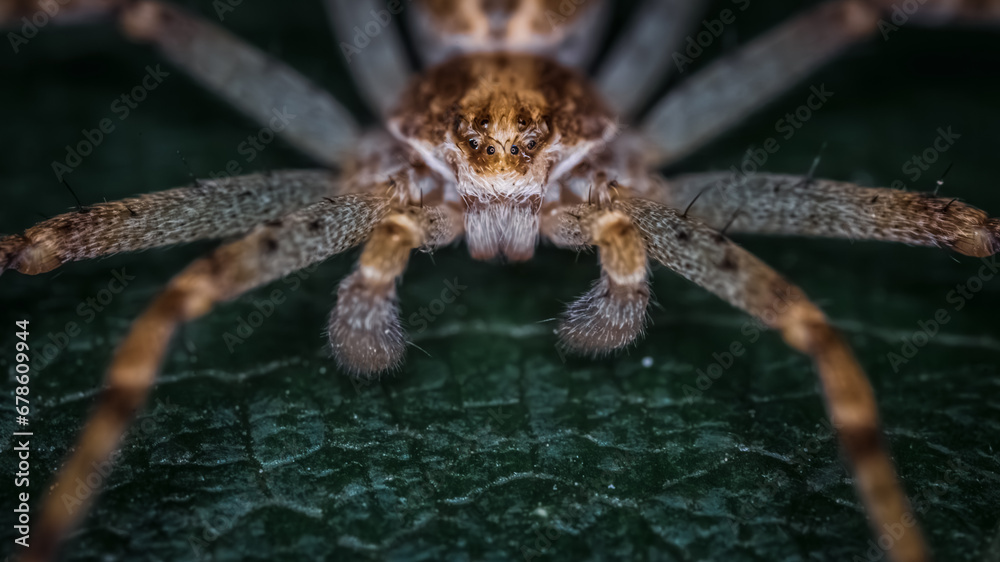 Front view of huge spider. Red spider with large jaws and menacing look. Macro photography, close-up portrait of predatory arachnid. Florentine Segestria. Fear and arachnophobia. Front view of huge spider. Red spider with large jaws and menacing look. Macro photography, close-up portrait of predatory arachnid. Florentine Segestria. Fear and arachnophobia.