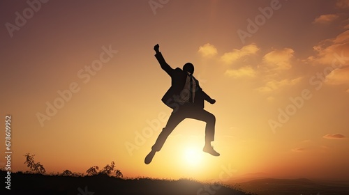 Silhouette of businessman jumping from LOSE to WIN on sunrise background. business concept.