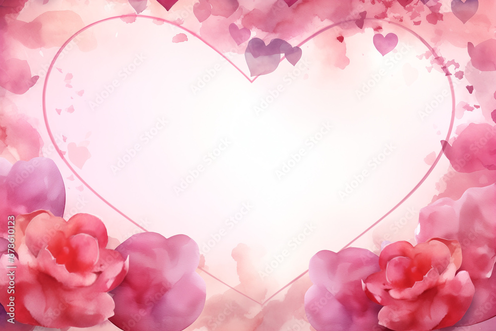 Romantic Watercolor Valentine's Day Card: A Heartwarming Background Frame Image Featuring Delicate Hearts and Roses, Crafted in the Style of Romantic Red and Soft Pink Hues