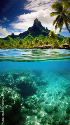 beautiful landscape view of Bora Bora Tropical island French Polynesia with clear blue water and mountain