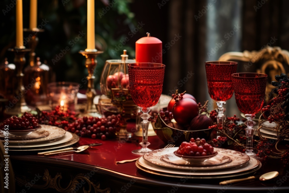 A Festive Holiday Dinner Table Set with Elegant Red Candles