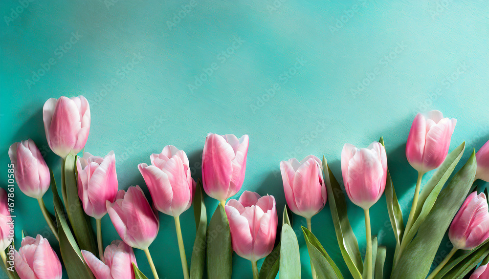Pink tulips on turquoise background with copy space. Top view