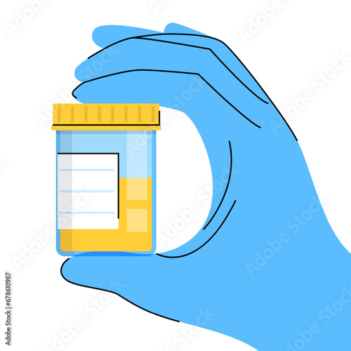Hand in blue glove holding container with urine sample vector isolated. Concept of medicine and biology. Medical checkup. Plastic jar for medical analysis.