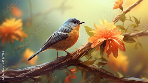 A bird perched on a swaying flower, embracing the harmony of the natural world. © rehman