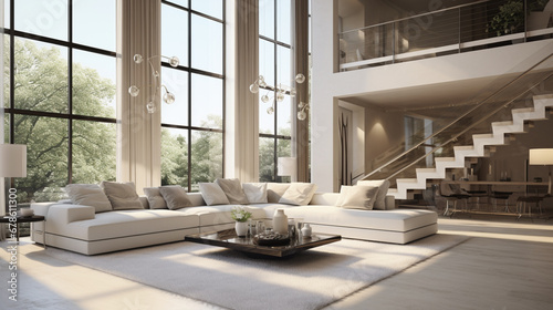 Stylish living room with big sofa  many windows and stairs in amazing apartment. generative ai