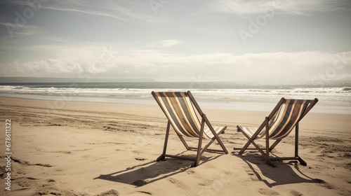 Two deck chairs on beach