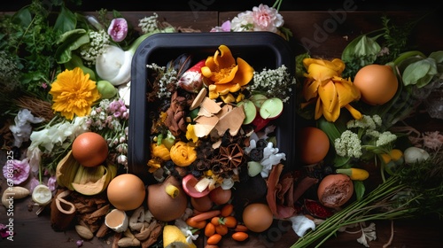 A home composting bin filled with a variety of kitchen scraps, including fruit peels, vegetable trimmings, and other organic food leftovers, promoting sustainable waste management.
