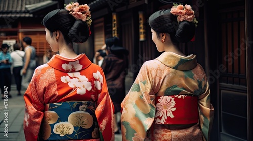 Two geishas wearing traditional japanese kimono among Sensoji Temple in Asakusa Tokyo, Japan. photo