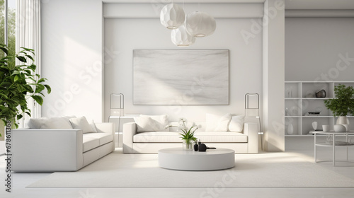 Stylish white modern living room interior with sofa and armchair, shelf with. generative ai