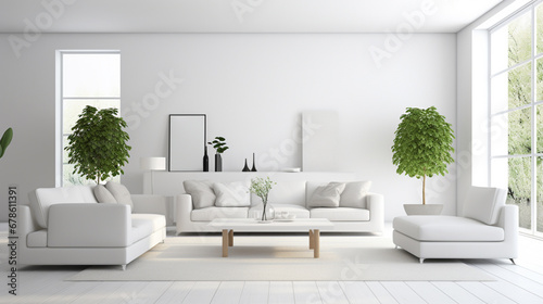 Stylish white modern living room interior with sofa and armchair  shelf with. generative ai