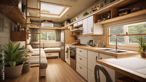 Tiny House Modern Interior Design Tiny House, Indoors, Motor Home, Kitchen. generative ai