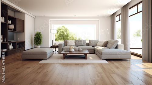 Modern living room with wood floor. Modern, white minimalist interior. generative ai