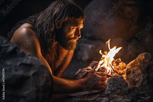 Caveman learning to control fire for warmth and protection 