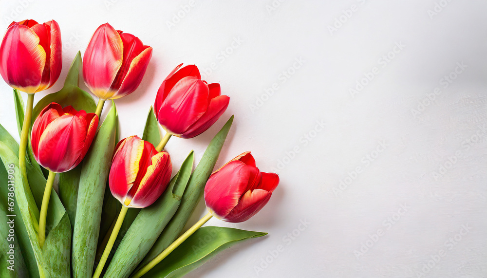  Red tulips on white background with copy space. Top view