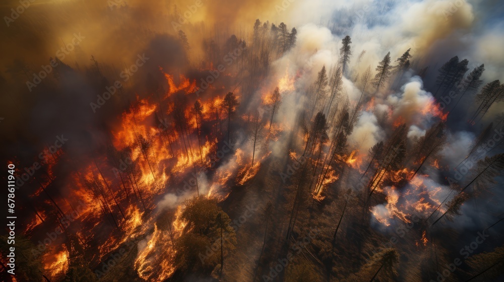 Scary forest fire, Aerial view of Forest fire drone view, destruction of nature
