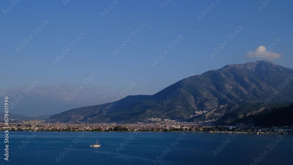 Turkey, trip to Fethiye, Mugla Province. view from the peninsula to the city and the marina Turkey, trip to Fethiye, Mugla Province. view from the peninsula to the city and the marina