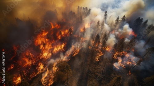 Scary forest fire, Aerial view of Forest fire drone view, destruction of nature © CStock
