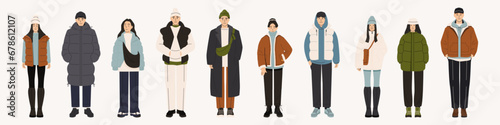 People in winter clothes. Cartoon characters wearing winter coats and hats, modern male and female characters in trendy wintertime outfits. Vector set