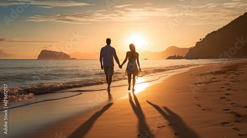 Couple with sunset, sweet couple walking on the beach during sunset, Valentine's day concept