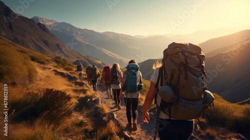 Back view of Group of sporty people walks in mountains at sunset with backpacks.