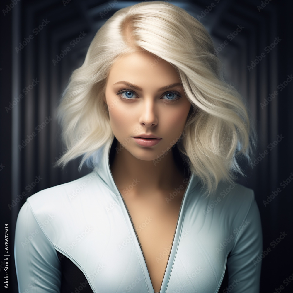 Futuristic Close-Up Portrait: A Striking Image Capturing the Essence of a Blond Woman in a White Outfit Futuristic Close-Up Portrait: A Striking Image Capturing the Essence of a Blond Woman in a White Outfit