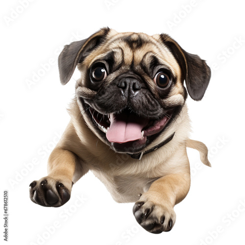 Cute pug jumping with joy on white background © Luckyphotos