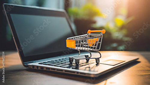 Online shopping concept with miniature shopping cart standing in front of laptop, Generative AI photo