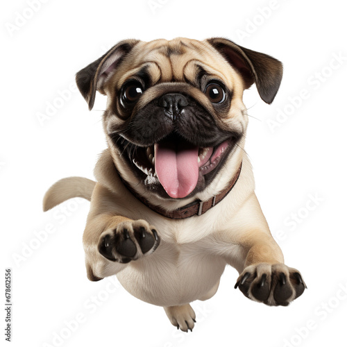 Cute pug jumping with joy on white background © Luckyphotos