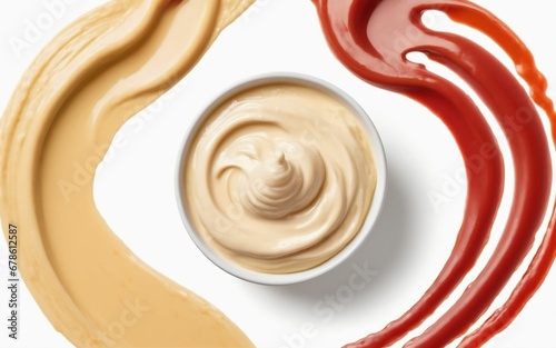 Mayonnaise, mustard, ketchup isolated. Mayo swirl, mustard condiment, tomato sauce on white background. Sauce set