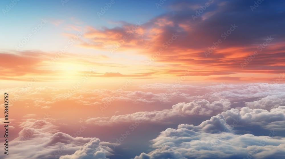 Beautiful sunset sky above clouds with dramatic light. Cabin view from airplane