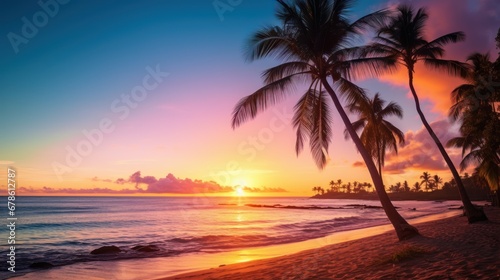 Silhouette of a palm tree or coconut tree on the beach against the sky during sunset. © CStock