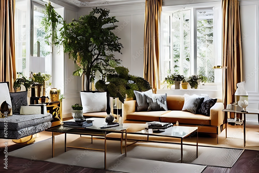 Obraz premium Architectural Digest photo of a Japanese and Scandinavian design style living room with golden light