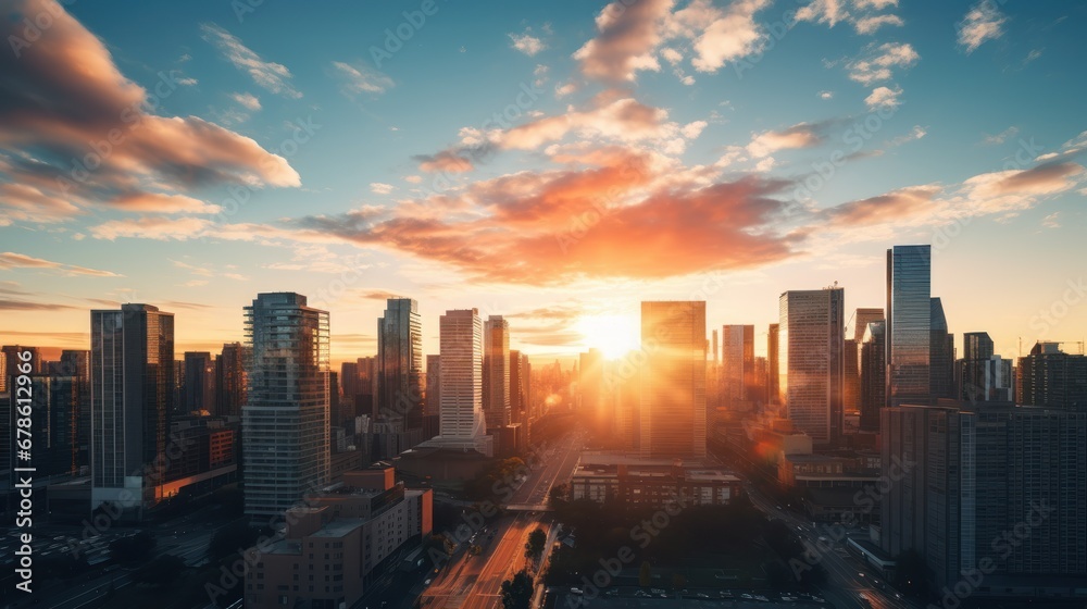 Fototapeta premium Landscape of a big city with sunrise or sunset, cityscape at sunrise