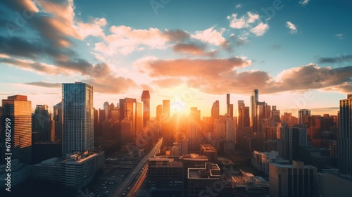 Landscape of a big city with sunrise or sunset  cityscape at sunrise