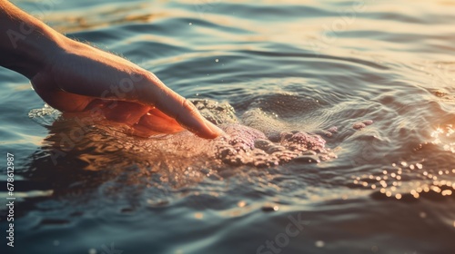 Close-up of hands with water in the lake, woman's hands with water surface