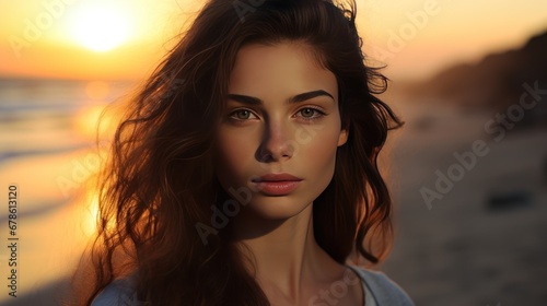 Close up portrait of one young serious woman looking at the camera at the beach with the sunset © CStock